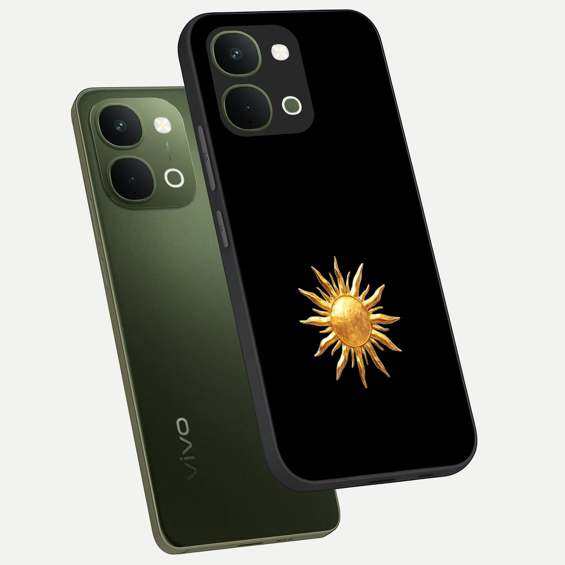 Golden Sun Minimalism Glass Case displayed in angled mockup highlighting eerie shadow illustration with gothic aesthetic.