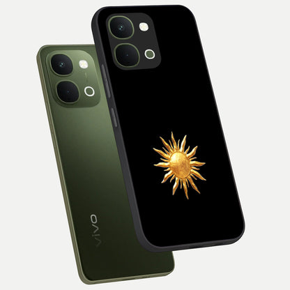 Golden Sun Minimalism Glass Case displayed in angled mockup highlighting eerie shadow illustration with gothic aesthetic.