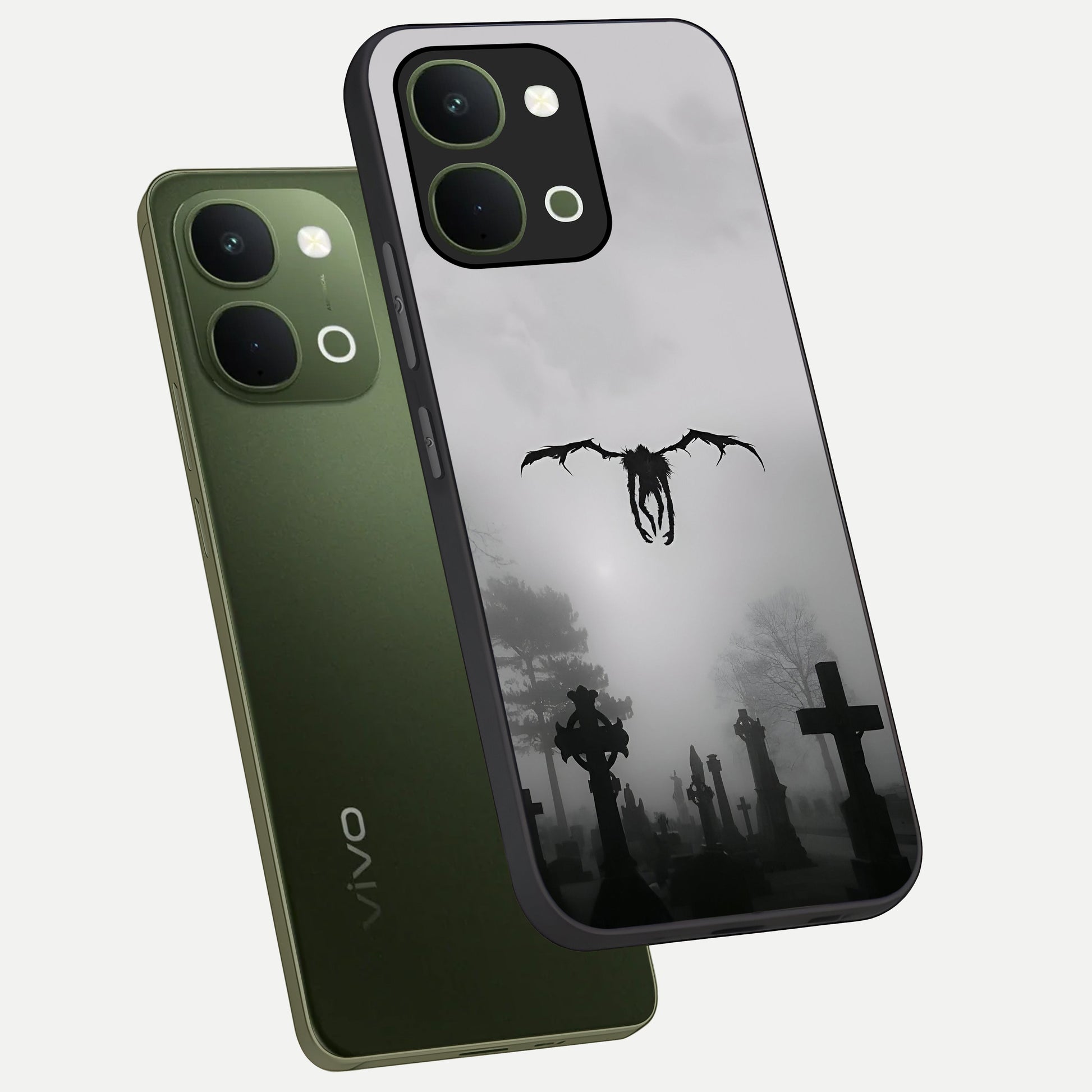 Graveyard Shadow Descent Glass Case displayed in angled mockup highlighting eerie shadow illustration with gothic aesthetic.