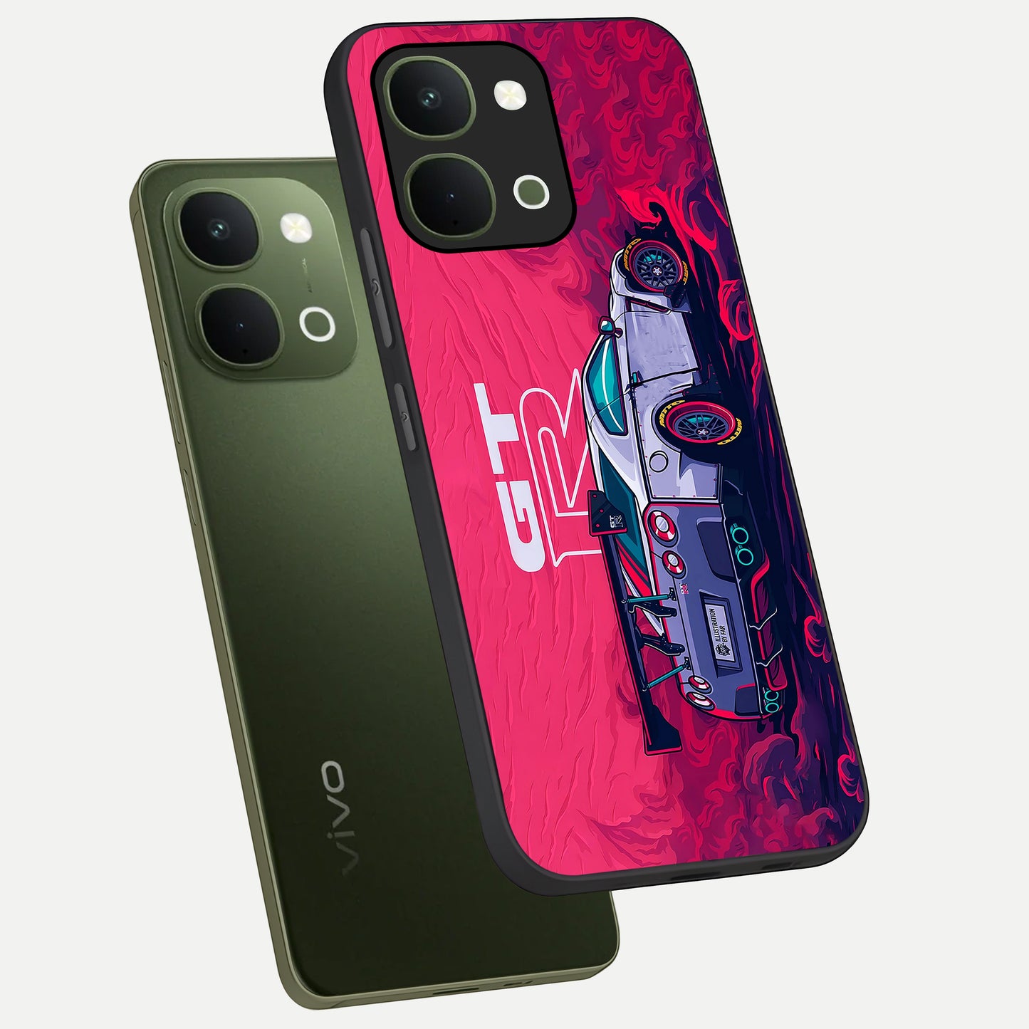 GT-R Car Pattern Glass Case displayed in angled mockup highlighting racing car graphic design with bold automotive aesthetic.