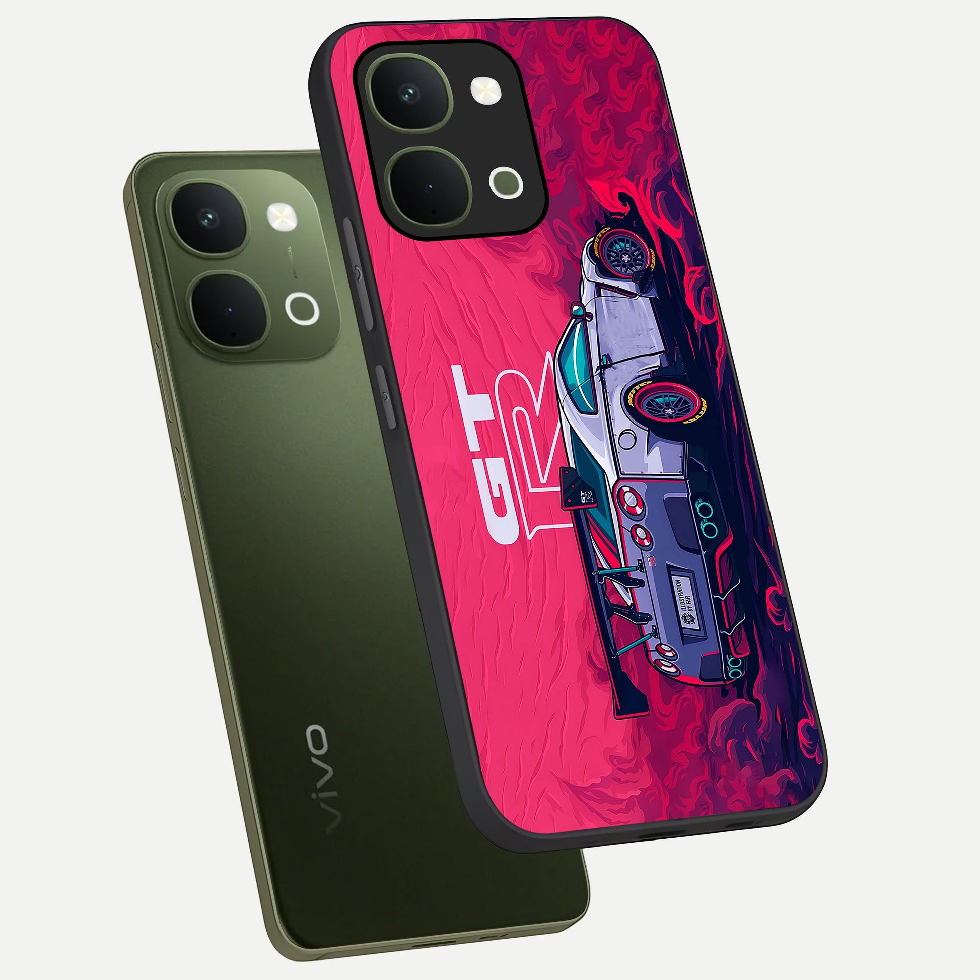 GT-R Car Pattern Glass Case displayed in angled mockup highlighting racing car graphic design with bold automotive aesthetic.