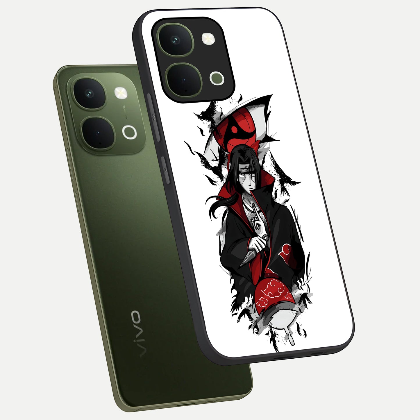 Itachi Limited Edition Naruto Anime Glass Case displayed in angled mockup highlighting dramatic anime illustration with bold action aesthetic.