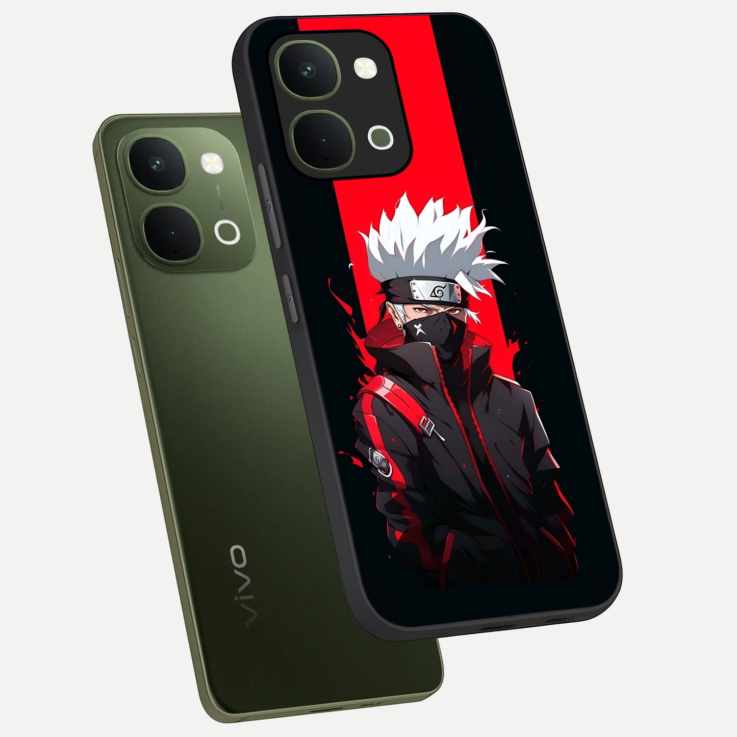 Kakashi Scarlet Shadow Glass Case displayed in angled mockup highlighting dramatic ninja illustration with scarlet themed aesthetic.