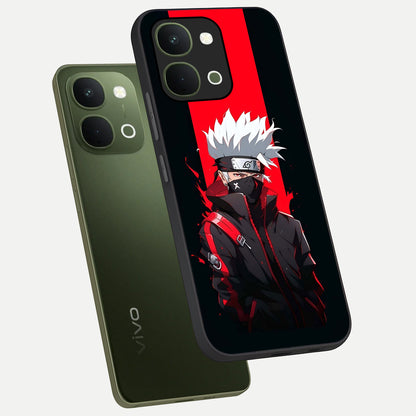 Kakashi Scarlet Shadow Glass Case displayed in angled mockup highlighting dramatic ninja illustration with scarlet themed aesthetic.