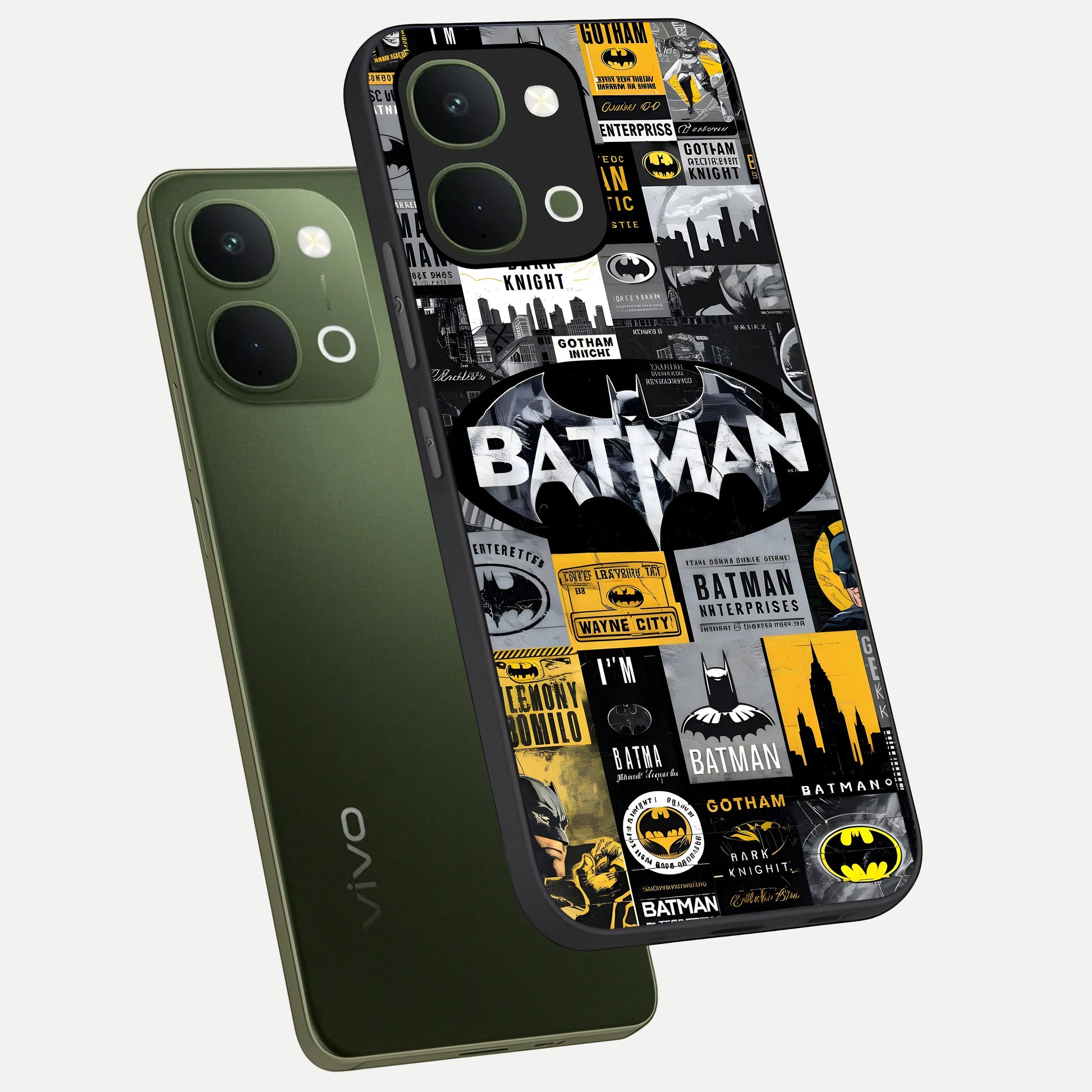 Knight Gotham Rise Glass Case displayed in angled mockup highlighting powerful knight silhouette design with dramatic aesthetic.