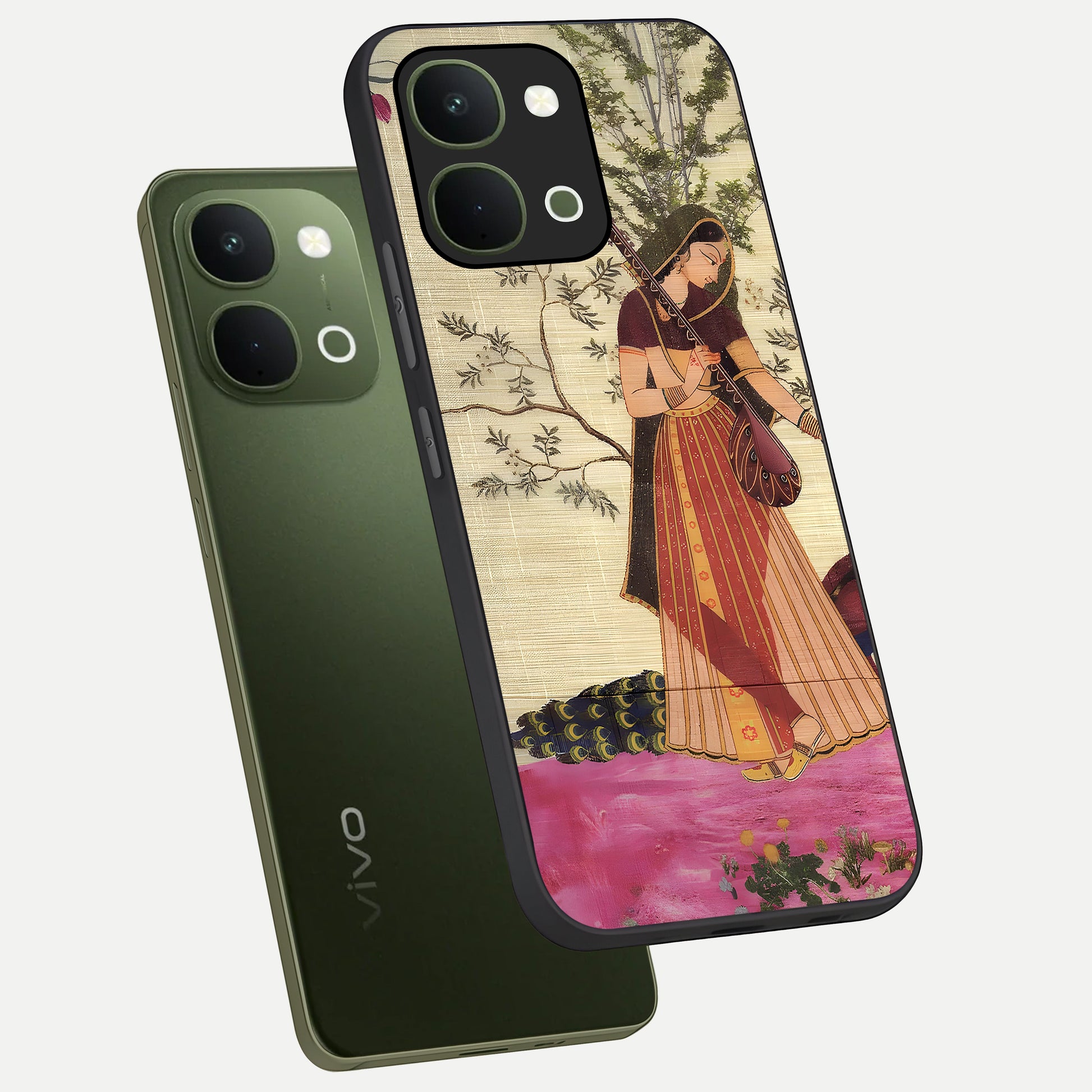 Lady With Veena Art Glass Case displayed in angled mockup highlighting graceful musical illustration with cultural artistic aesthetic.
