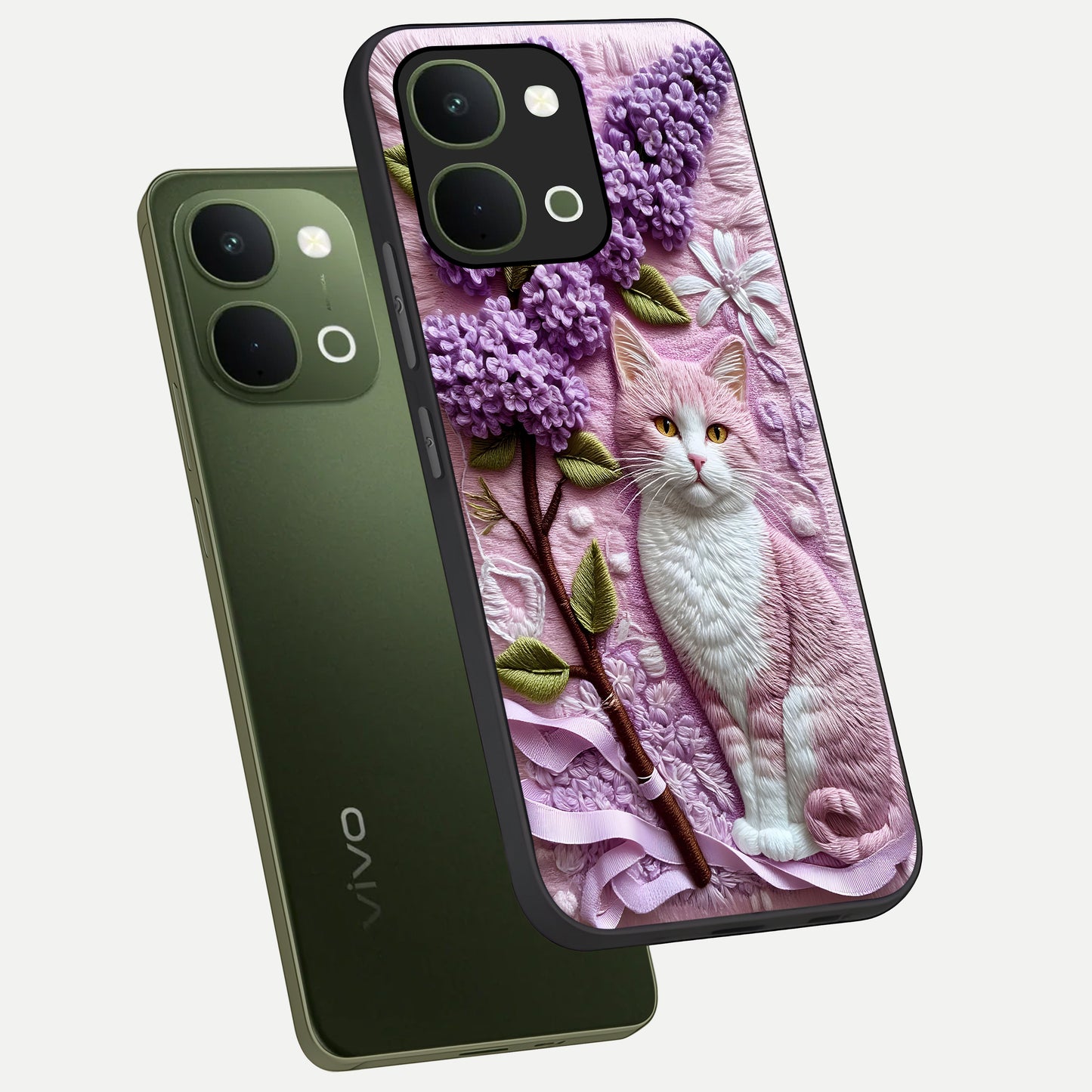 Lavender Cat Whimsy Glass Case displayed in angled mockup highlighting playful feline illustration with pastel lavender aesthetic.