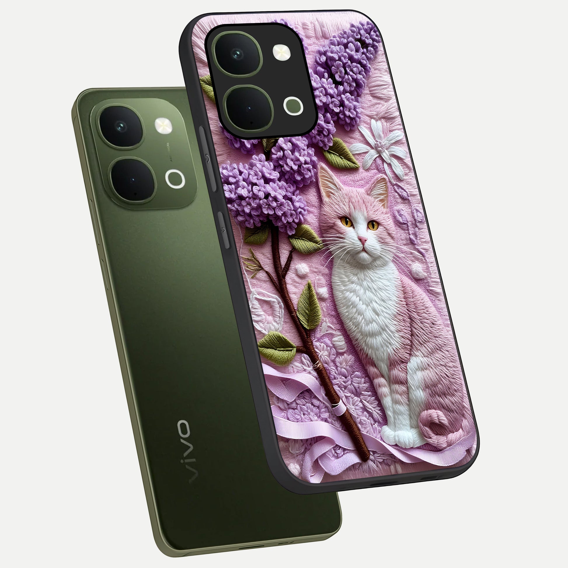 Lavender Cat Whimsy Glass Case displayed in angled mockup highlighting playful feline illustration with pastel lavender aesthetic.