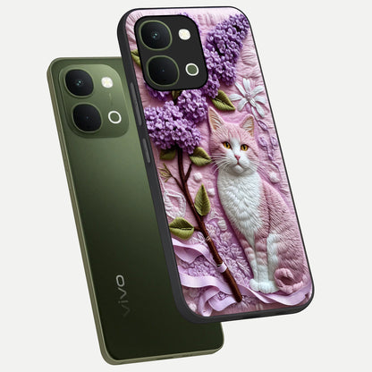 Lavender Cat Whimsy Glass Case displayed in angled mockup highlighting playful feline illustration with pastel lavender aesthetic.