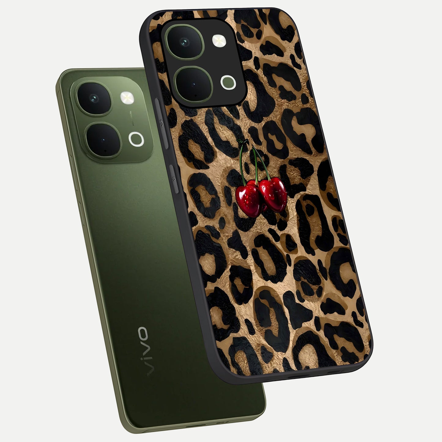 Leopard Wild Cherry Glass Case displayed in angled mockup highlighting bold animal print design with playful cherry aesthetic.