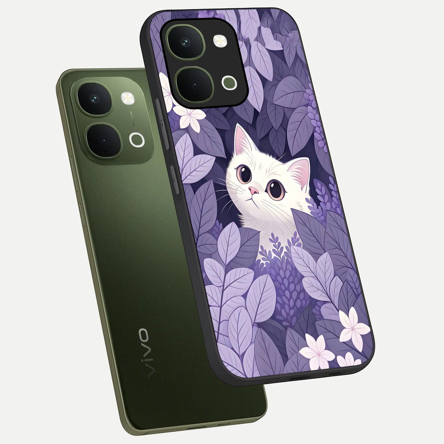 Lilac Hide Peek Cat Glass Case displayed in angled mockup highlighting playful feline illustration with lilac aesthetic design.