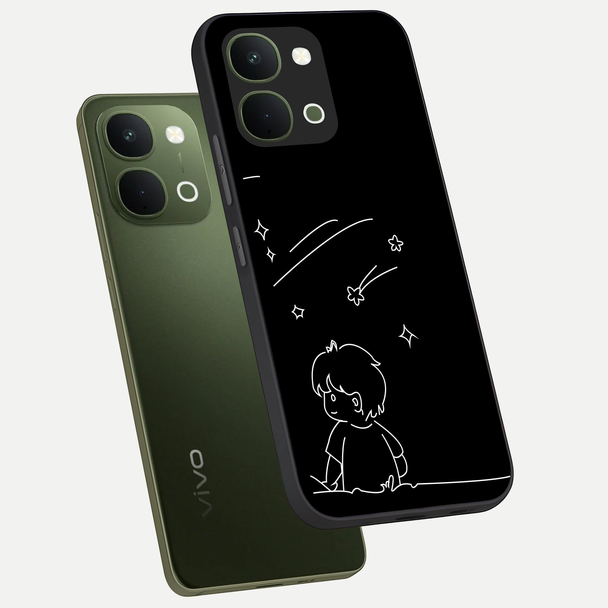 Line Art Boy With Shooting Stars Glass Case displayed in angled mockup highlighting elegant line art design with dreamy star aesthetic.