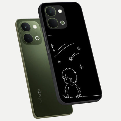 Line Art Boy With Shooting Stars Glass Case displayed in angled mockup highlighting elegant line art design with dreamy star aesthetic.