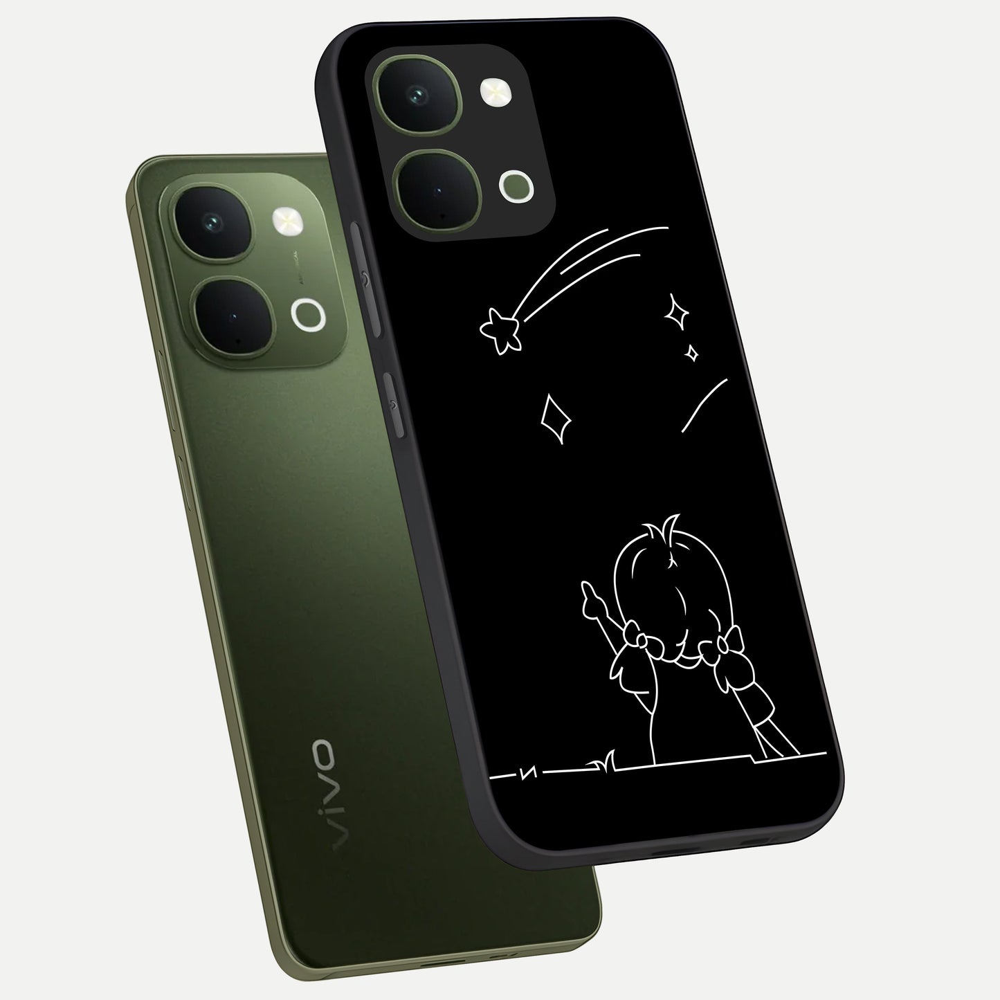 Line Art Girl With Shooting Stars Glass Case displayed in angled mockup highlighting elegant line art design with dreamy star aesthetic.
