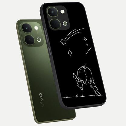 Line Art Girl With Shooting Stars Glass Case displayed in angled mockup highlighting elegant line art design with dreamy star aesthetic.