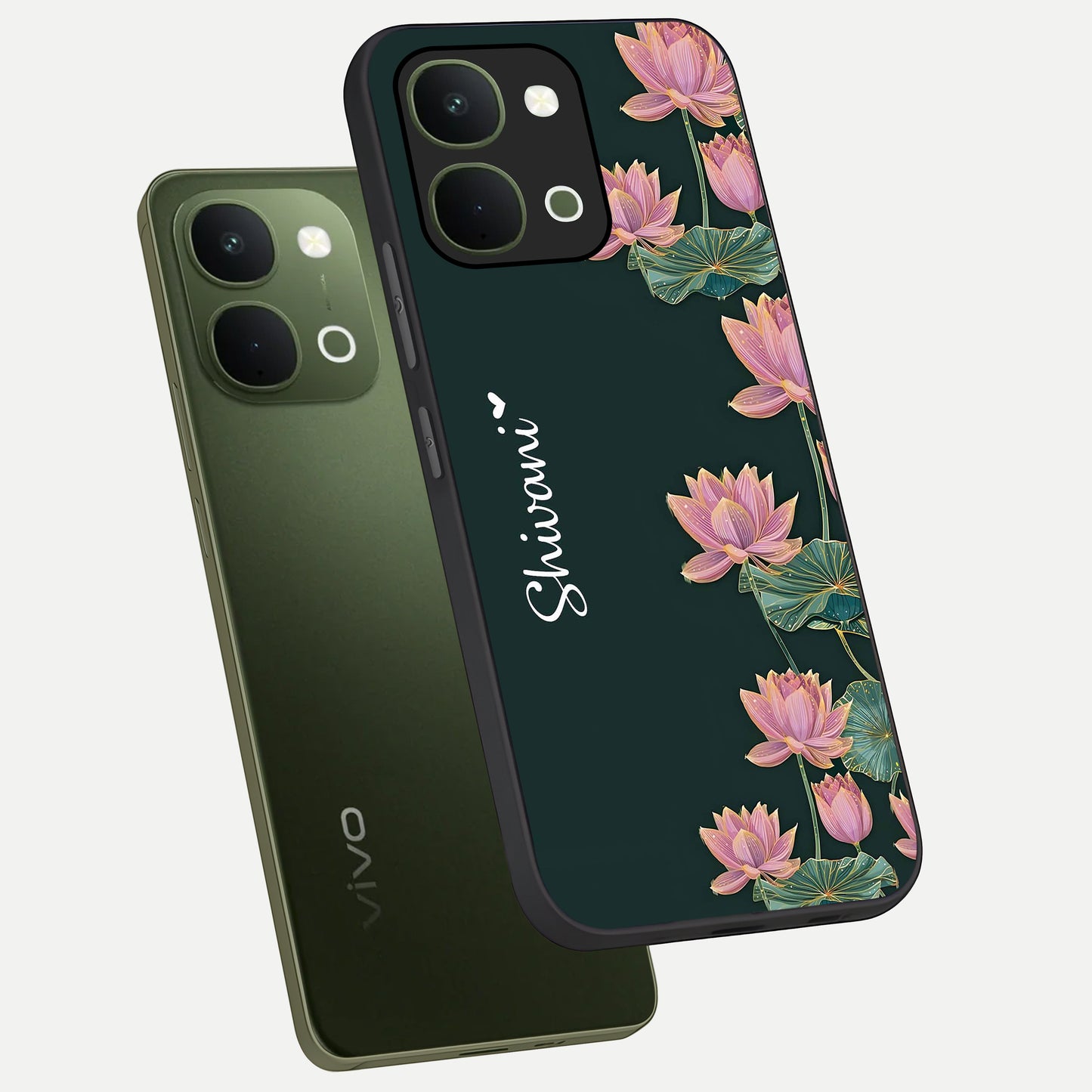 Lotus Bloom Serenity Custom Name Glass Case displayed in angled mockup highlighting graceful lotus illustration with custom name feature.