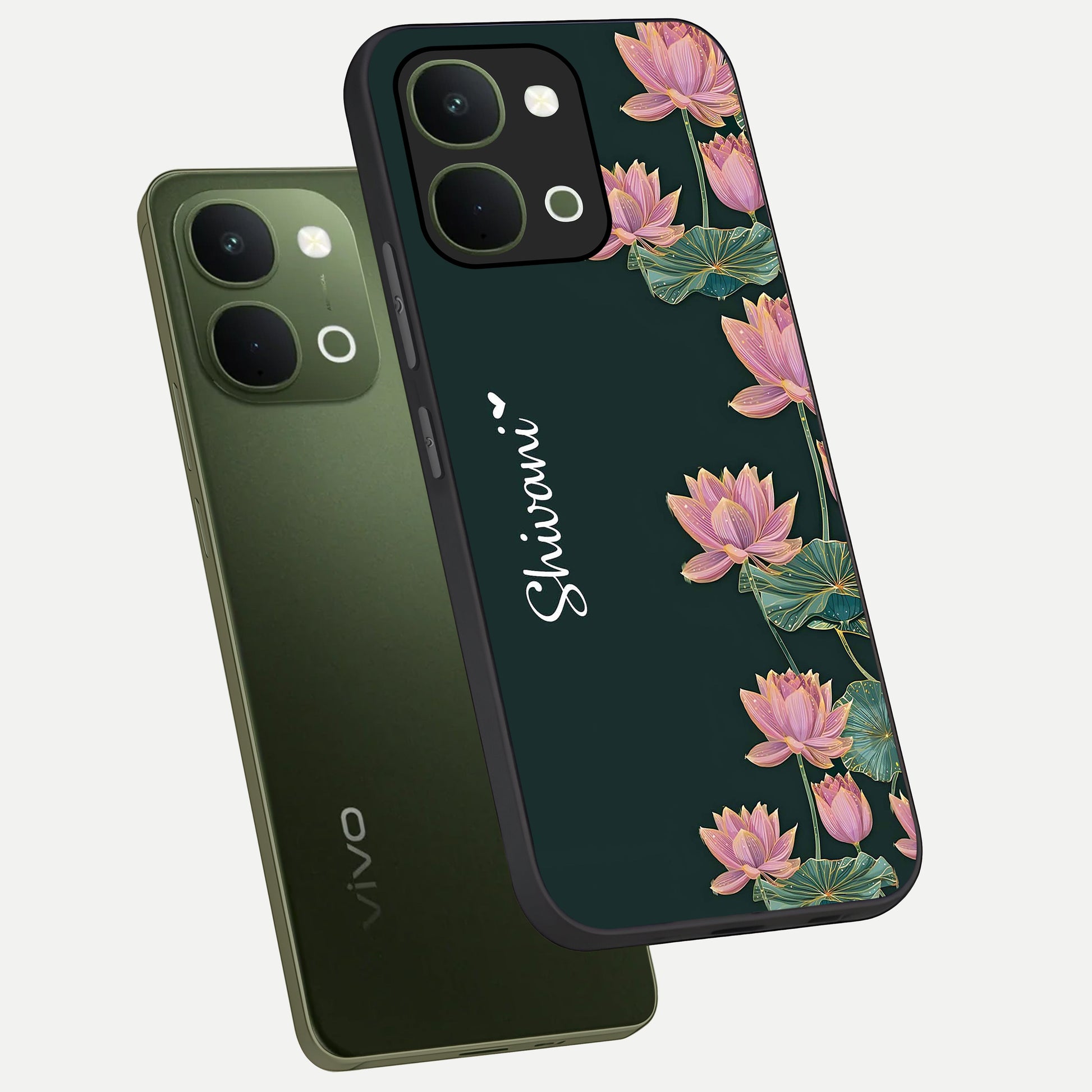 Lotus Bloom Serenity Custom Name Glass Case displayed in angled mockup highlighting graceful lotus illustration with custom name feature.