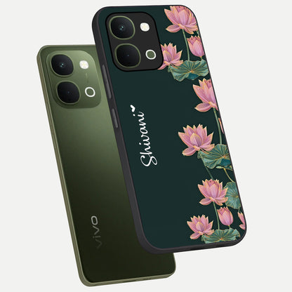 Lotus Bloom Serenity Custom Name Glass Case displayed in angled mockup highlighting graceful lotus illustration with custom name feature.