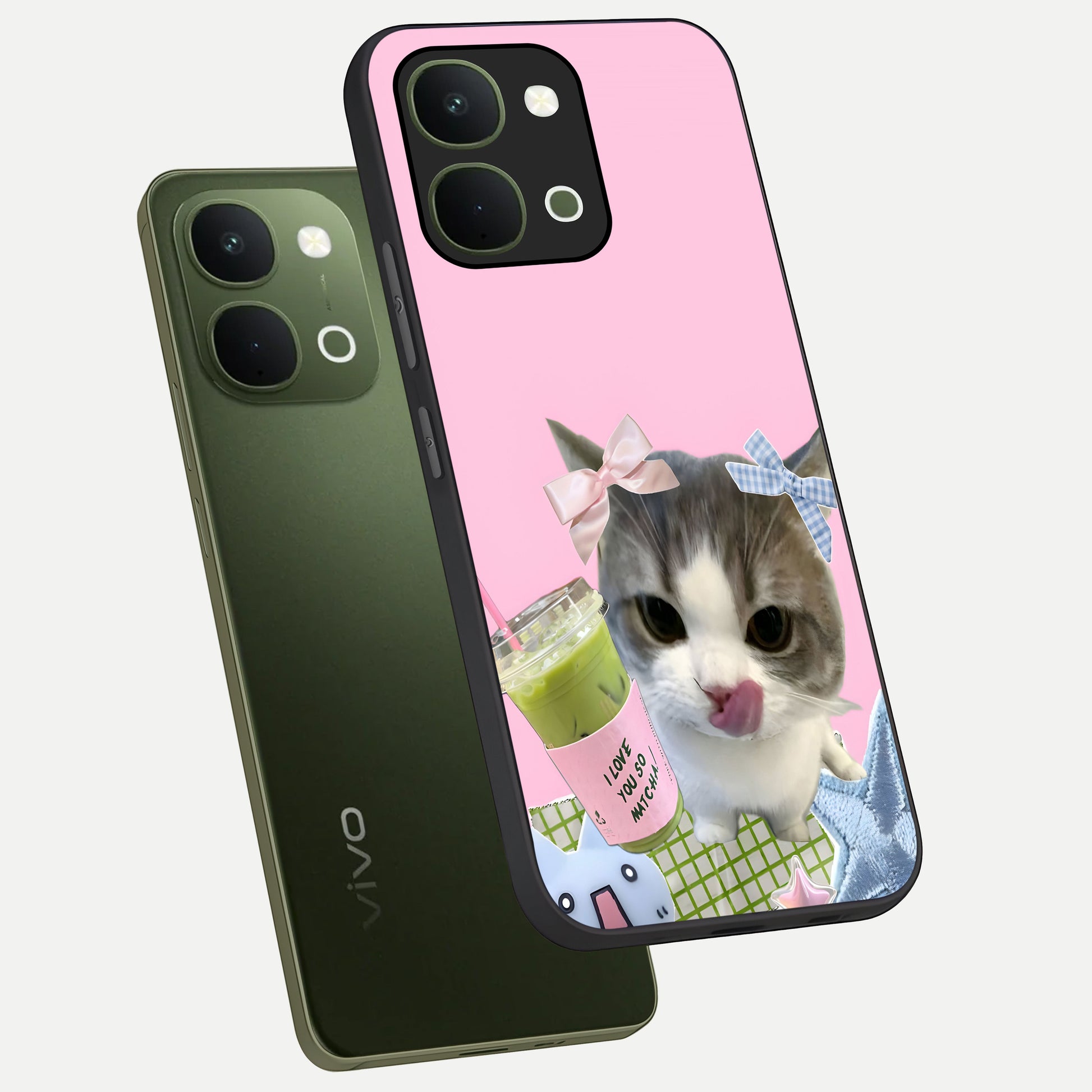 Love Matcha Cat Glass Case displayed in angled mockup highlighting playful feline illustration with cozy matcha aesthetic.