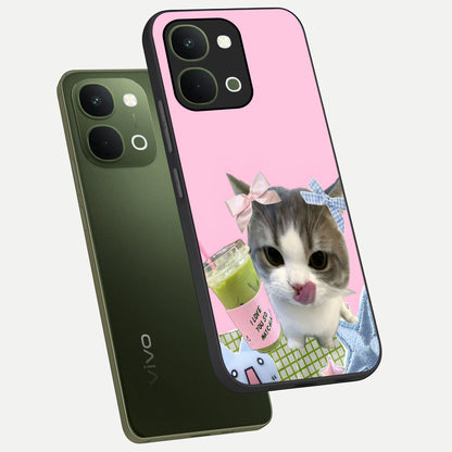 Love Matcha Cat Glass Case displayed in angled mockup highlighting playful feline illustration with cozy matcha aesthetic.