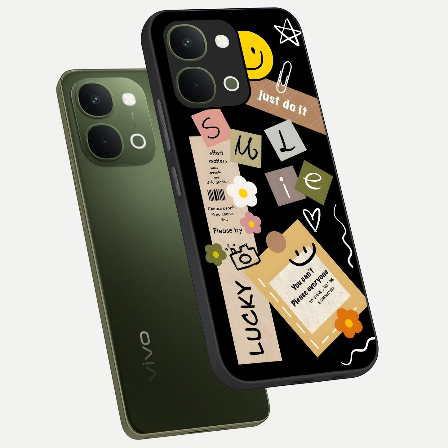 Lucky Aesthetic Collage Glass Case displayed in angled mockup highlighting stylish collage pattern with modern aesthetic vibe.