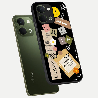 Lucky Aesthetic Collage Glass Case displayed in angled mockup highlighting stylish collage pattern with modern aesthetic vibe.