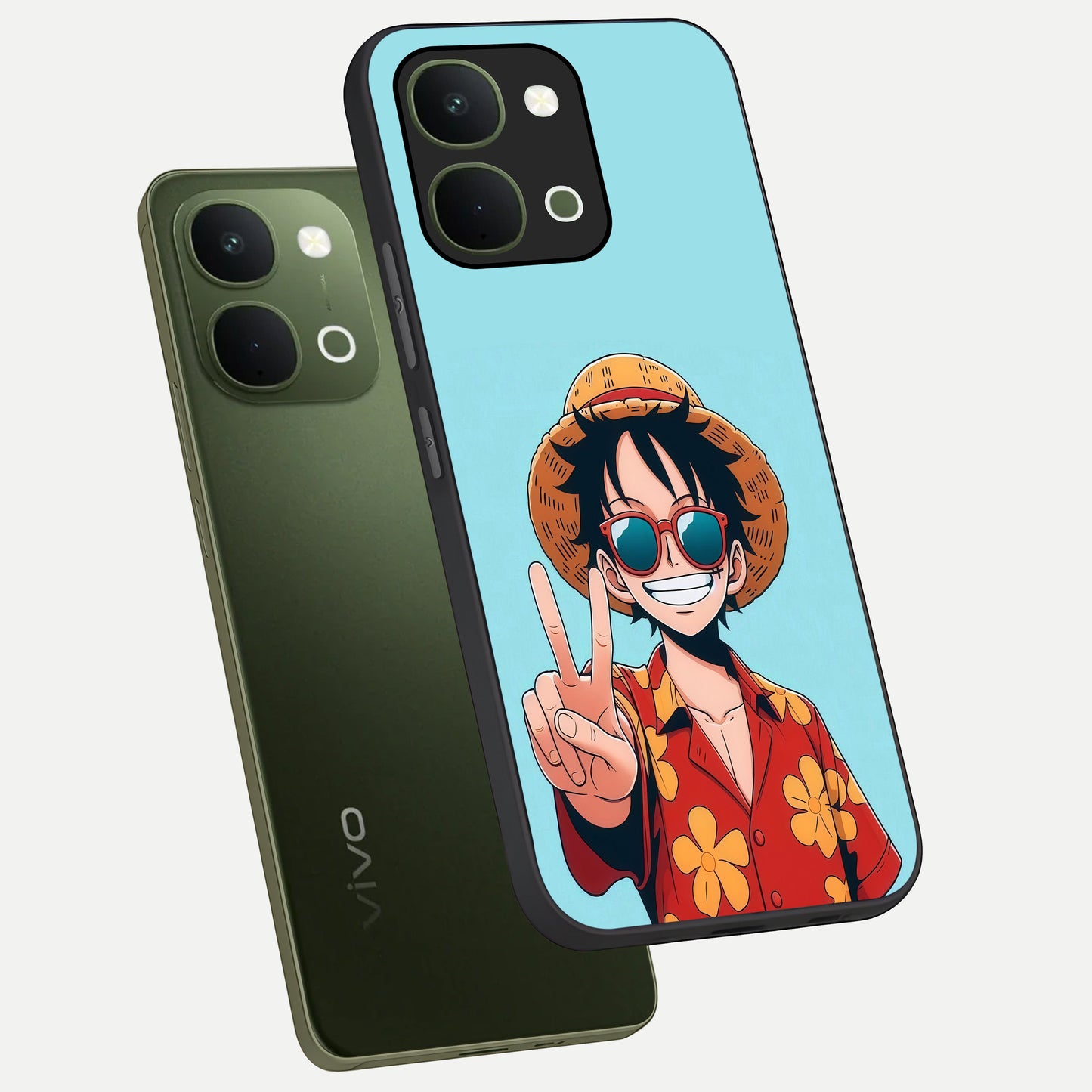 Luffy Summer Anime Vibe Glass Case displayed in angled mockup highlighting energetic anime illustration with summer vibe aesthetic.