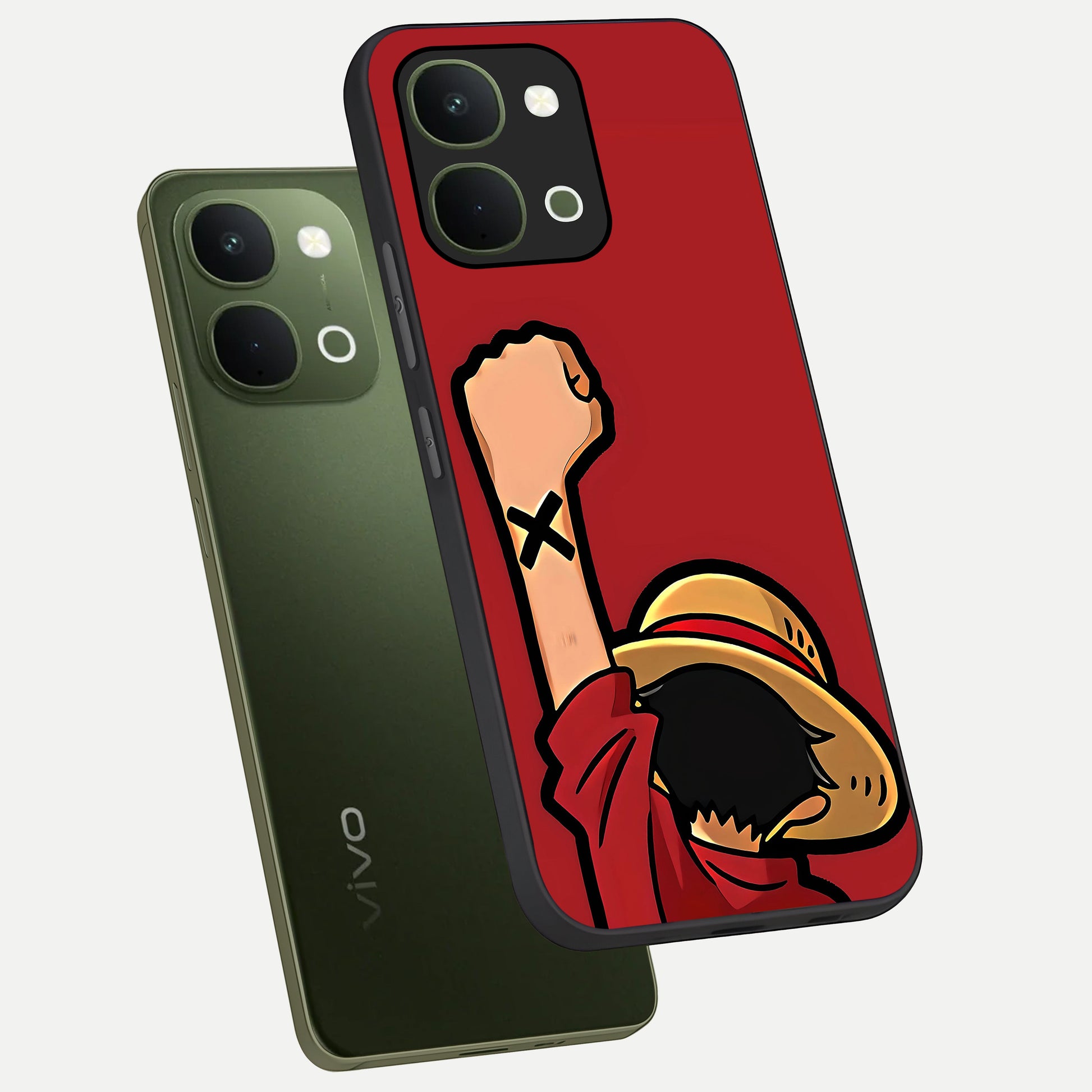 Luffy X Spirit Glass Case displayed in angled mockup highlighting powerful anime design with energetic action aesthetic.