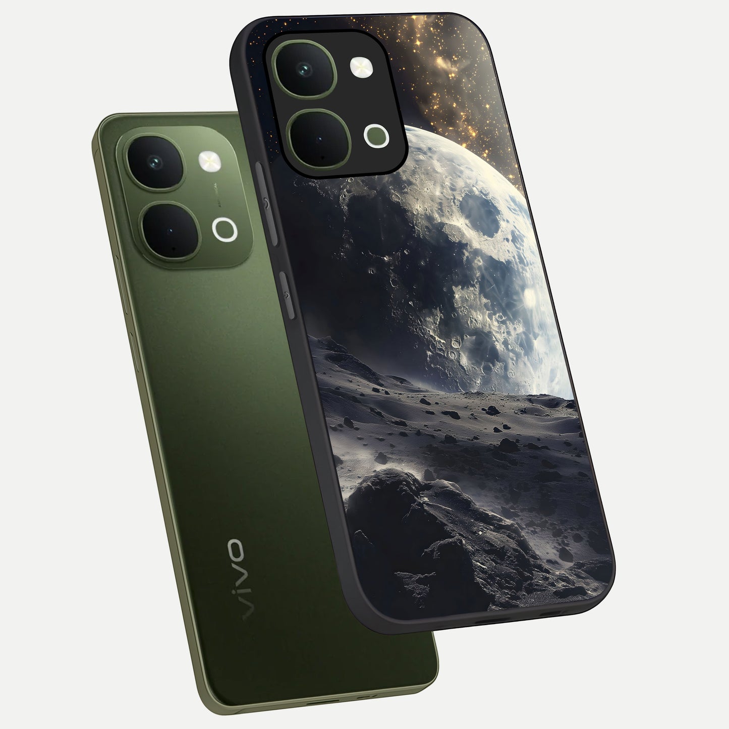 Lunar Horizon Glow Glass Case displayed in angled mockup highlighting celestial moon design with dreamy night aesthetic.
