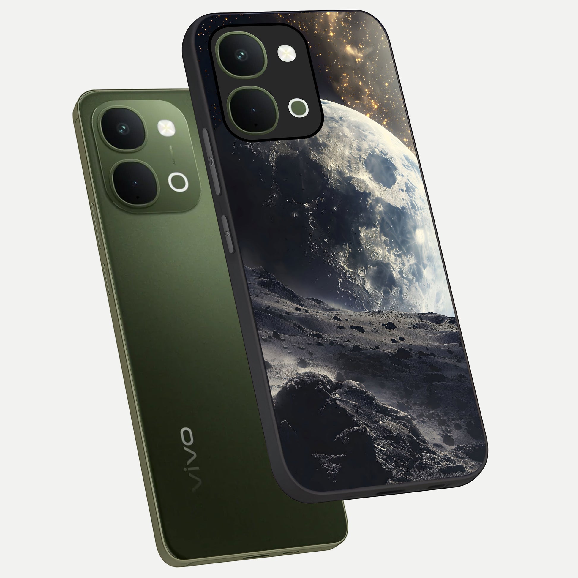 Lunar Horizon Glow Glass Case displayed in angled mockup highlighting celestial moon design with dreamy night aesthetic.
