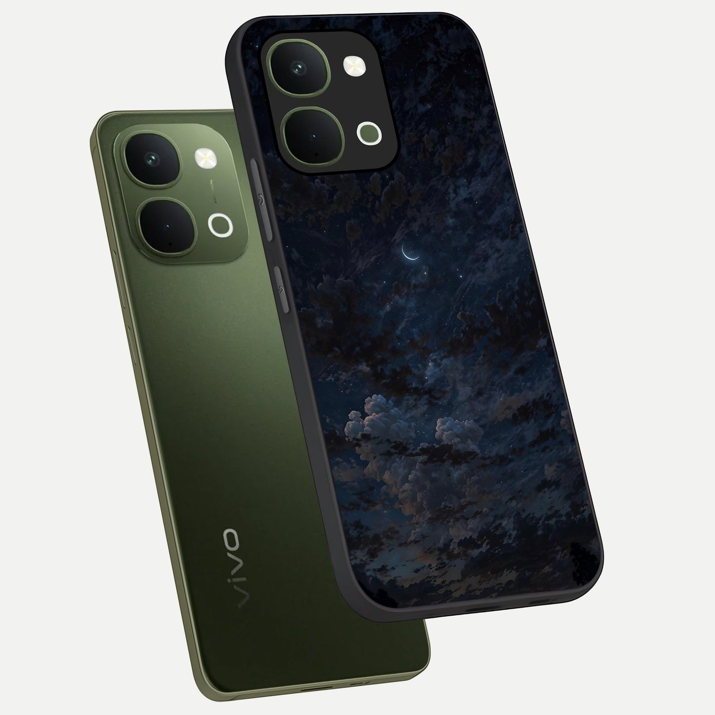 Lunar Veil Silence Glass Case displayed in angled mockup highlighting soft lunar design with peaceful celestial aesthetic.