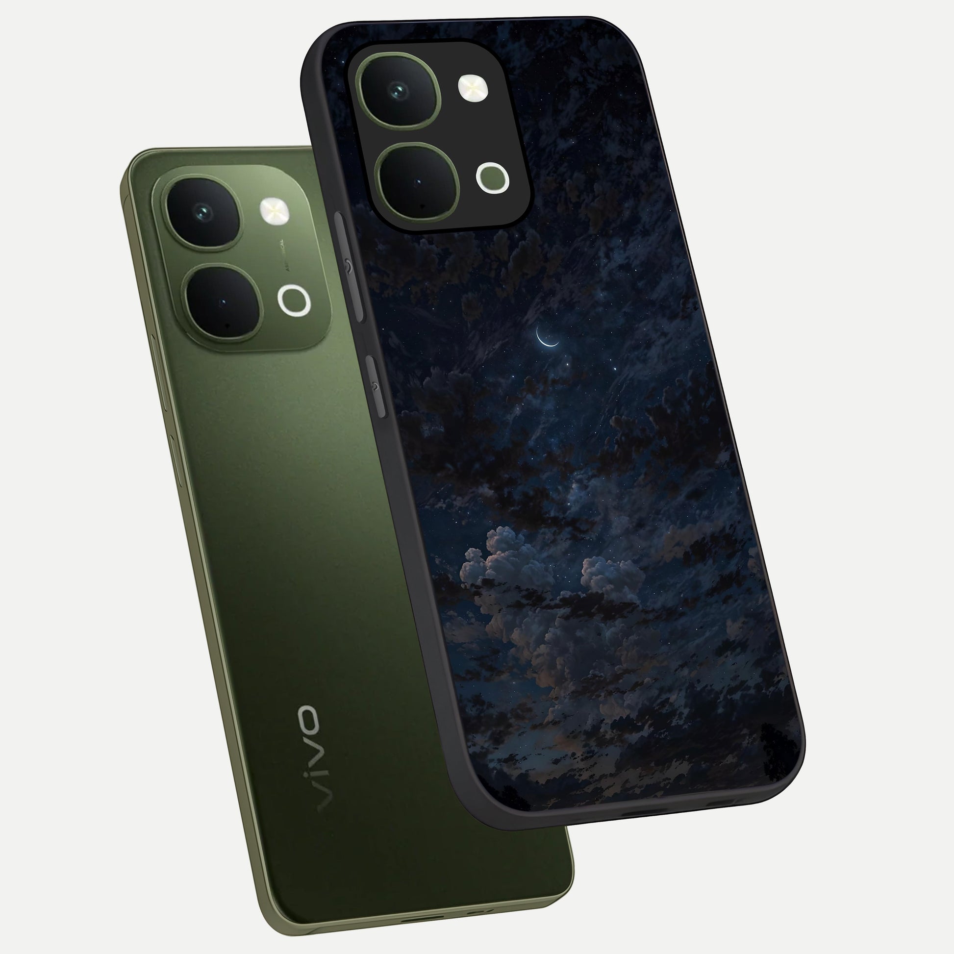 Lunar Veil Silence Glass Case displayed in angled mockup highlighting soft lunar design with peaceful celestial aesthetic.
