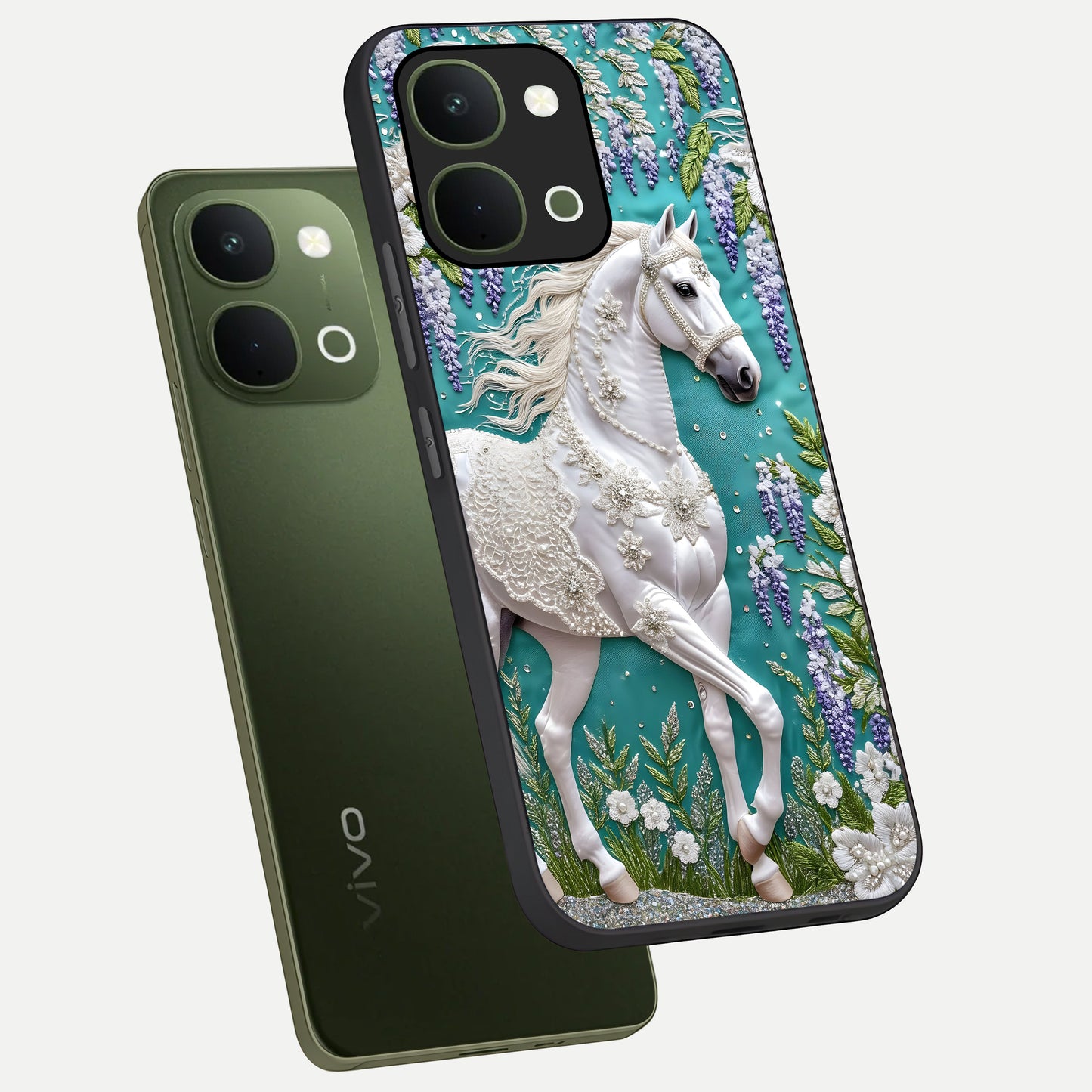 Majestic Floral Stallion Glass Case displayed in angled mockup highlighting majestic stallion illustration with elegant floral aesthetic.