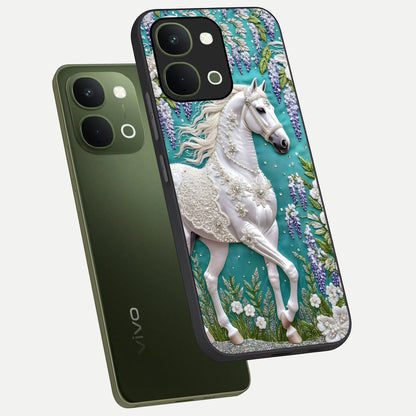 Majestic Floral Stallion Glass Case displayed in angled mockup highlighting majestic stallion illustration with elegant floral aesthetic.
