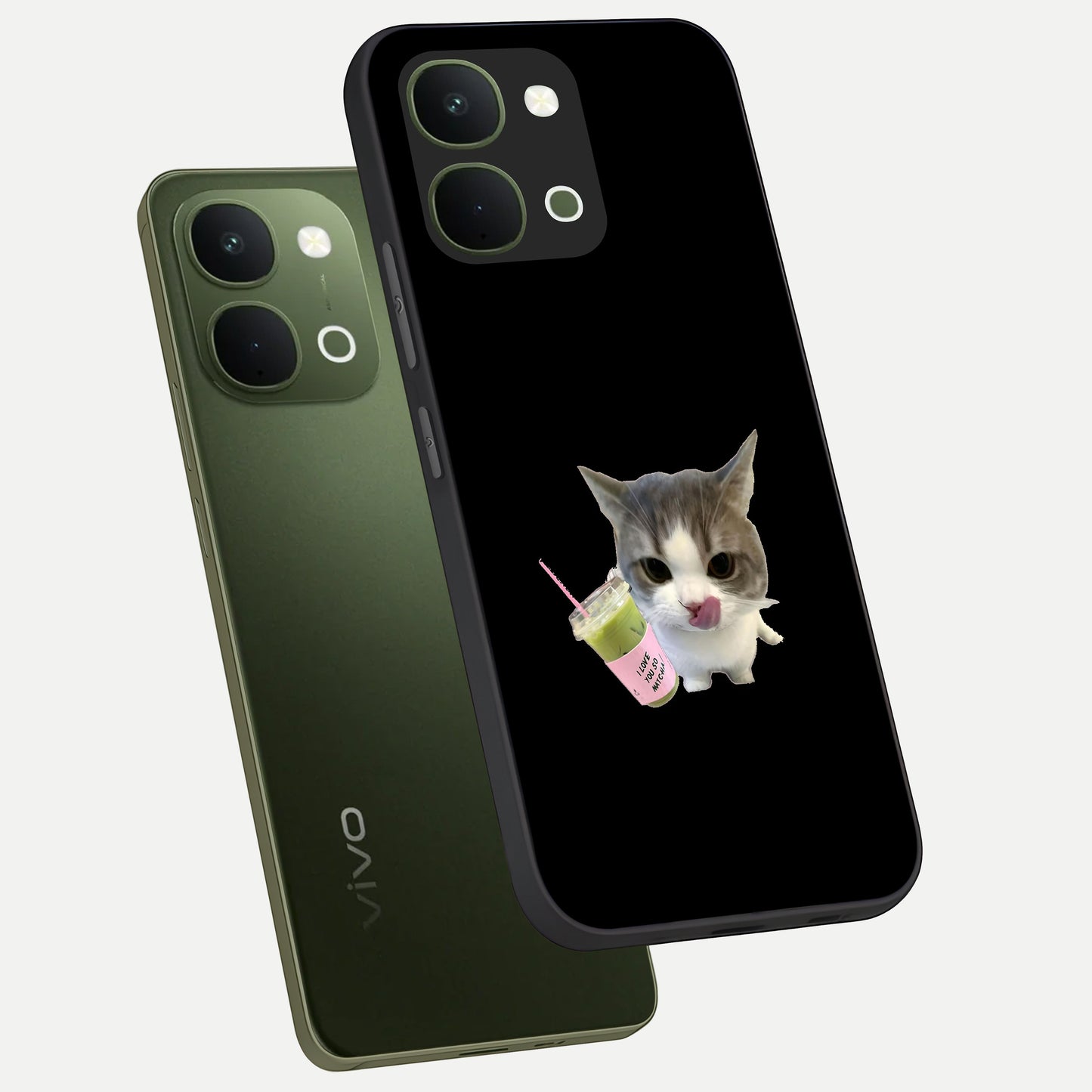 Matcha Cat Style Glass Case displayed in angled mockup highlighting playful feline design with pastel matcha aesthetic.
