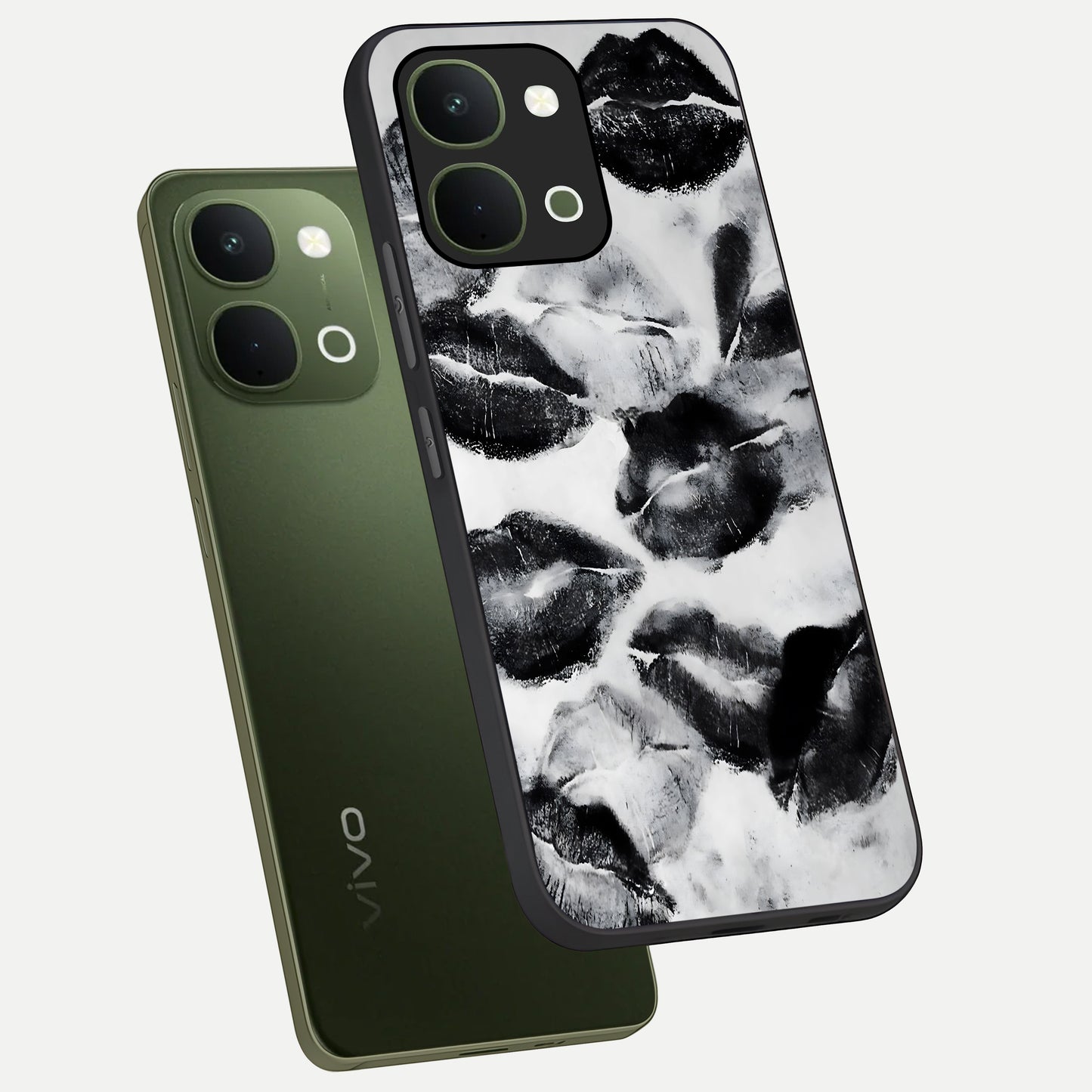 Midnight Kiss Marks Glass Case displayed in angled mockup highlighting playful romantic design with bold midnight aesthetic.