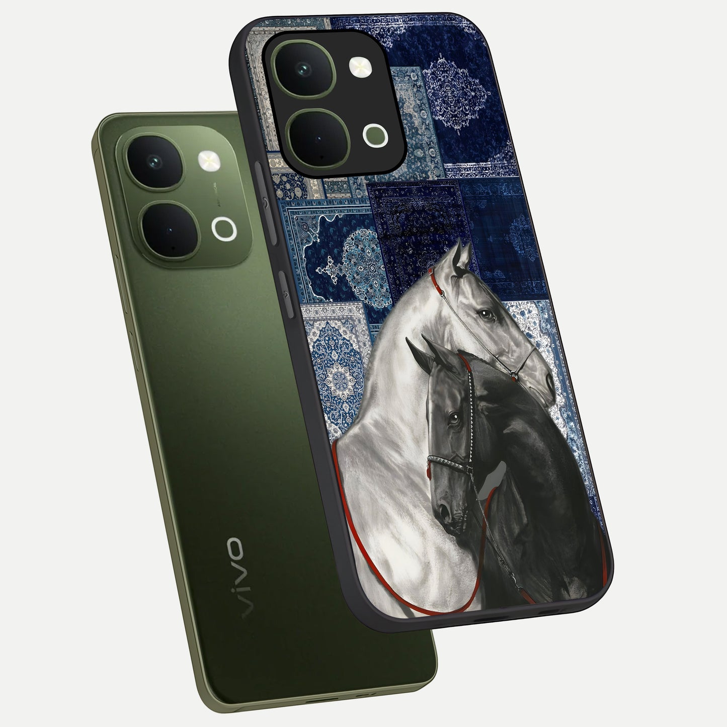 Midnight Stallion Blues Glass Case displayed in angled mockup highlighting powerful stallion illustration with deep midnight tones.