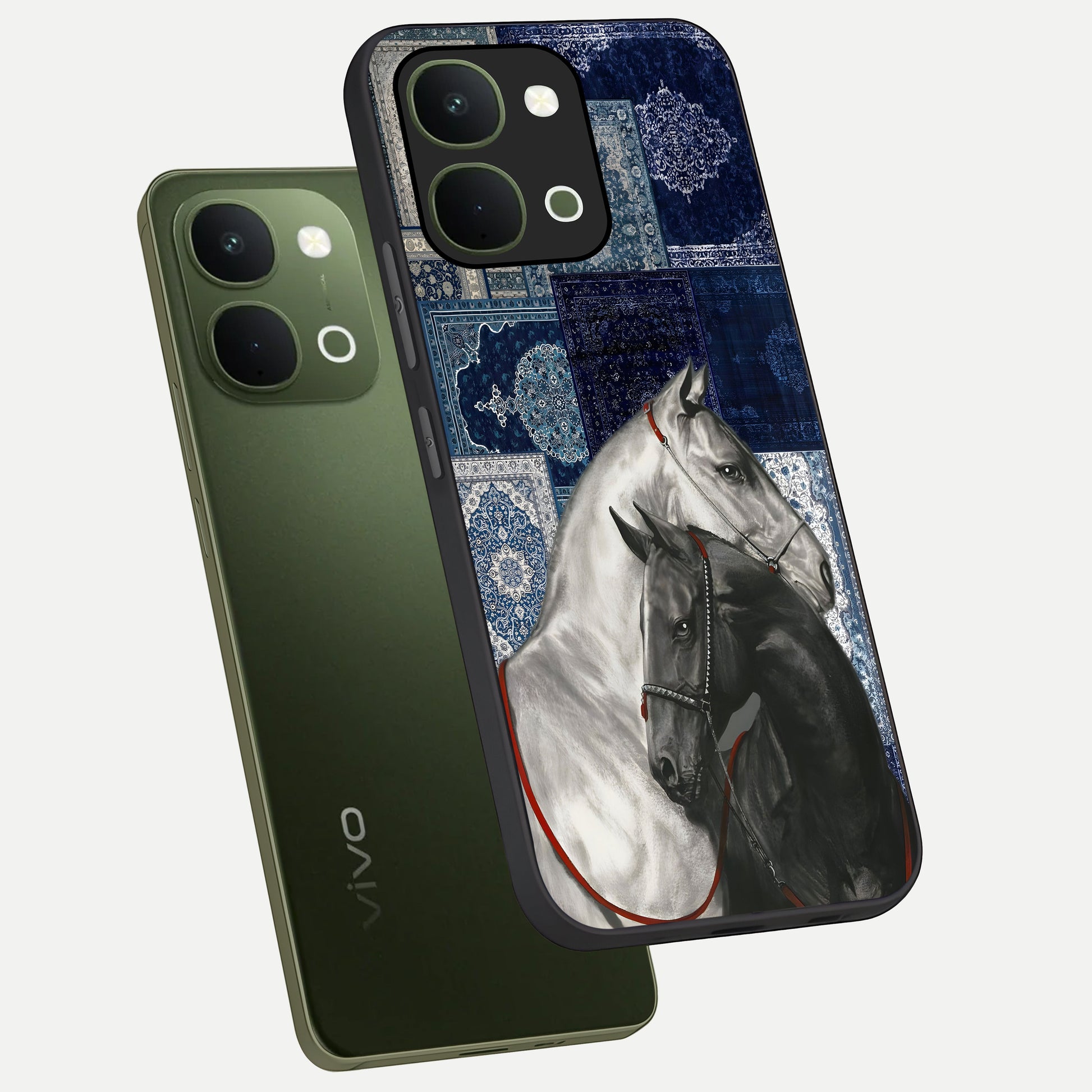 Midnight Stallion Blues Glass Case displayed in angled mockup highlighting powerful stallion illustration with deep midnight tones.