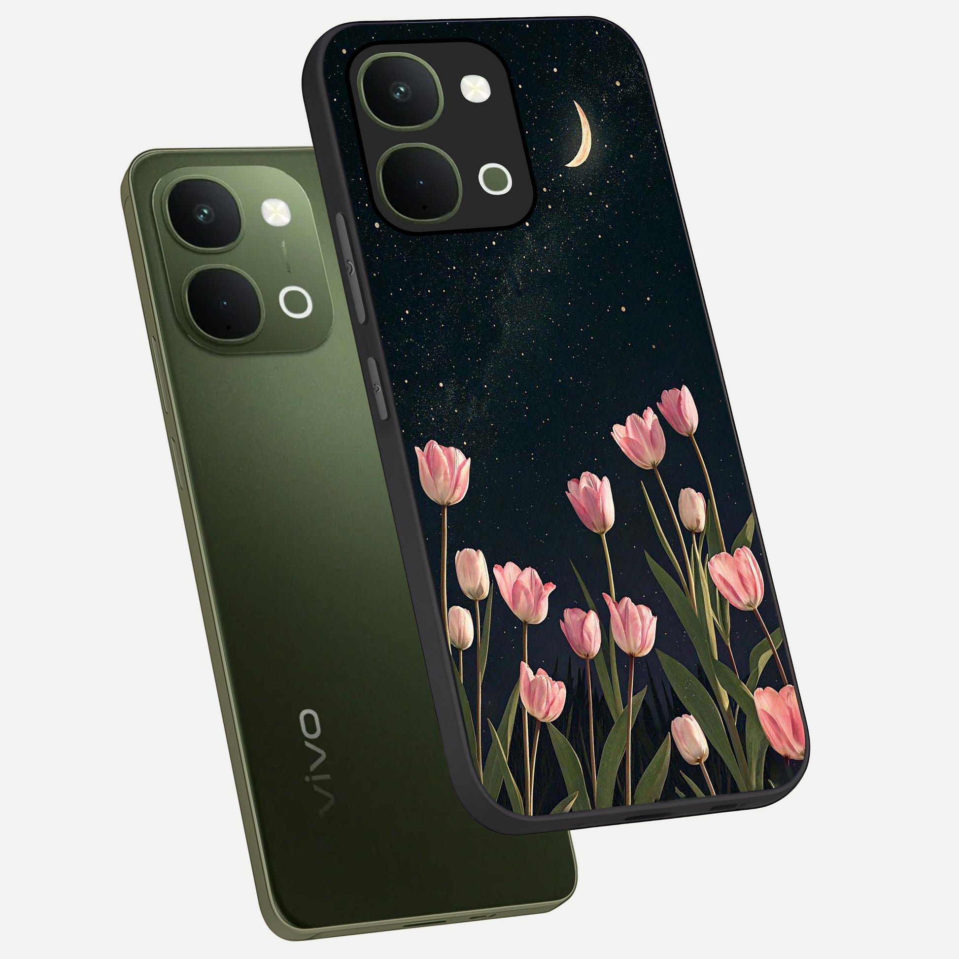 Midnight Tulip Whispers Vibe Glass Case displayed in angled mockup highlighting delicate tulip design with midnight floral aesthetic.