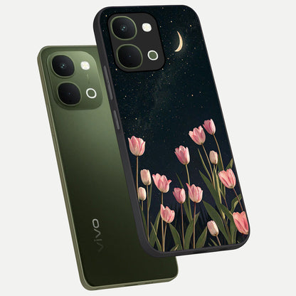 Midnight Tulip Whispers Vibe Glass Case displayed in angled mockup highlighting delicate tulip design with midnight floral aesthetic.