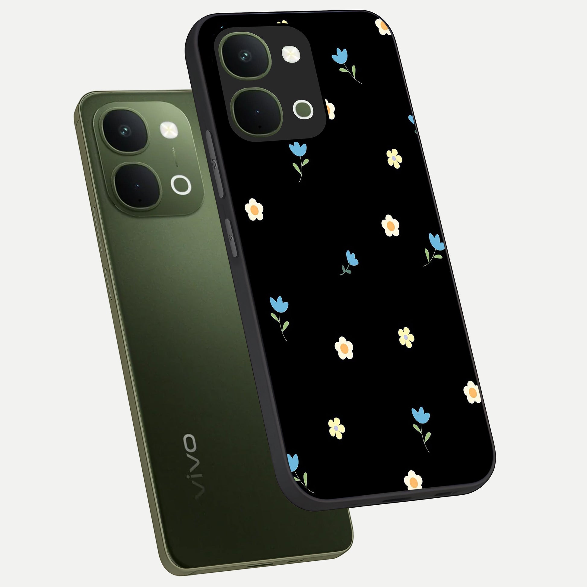 Minimal Petal Whispers Glass Case displayed in angled mockup highlighting delicate petal design with clean minimal aesthetic.