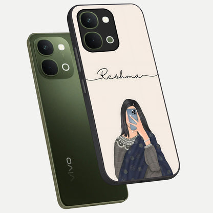 Mirror Mood Muse With Custom Name Glass Case displayed in angled mockup highlighting aesthetic mirror inspired design with custom name feature.