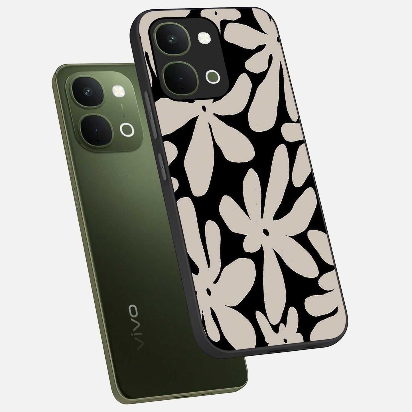 Monochrome Petal Dance Glass Case displayed in angled mockup highlighting elegant petal design with black and white aesthetic.