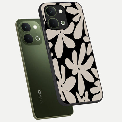 Monochrome Petal Dance Glass Case displayed in angled mockup highlighting elegant petal design with black and white aesthetic.