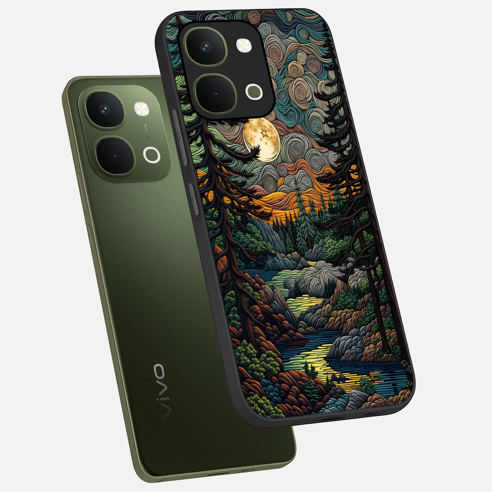 Moonlight Forest Dream Glass Case displayed in angled mockup highlighting dreamy forest design with glowing moon aesthetic.