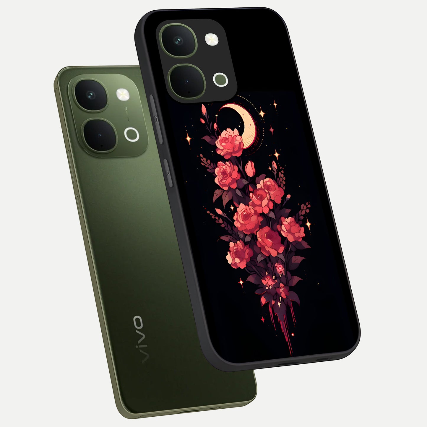 Moonlit Floral Elegance Glass Case displayed in angled mockup highlighting graceful flower design with soft moonlight aesthetic.