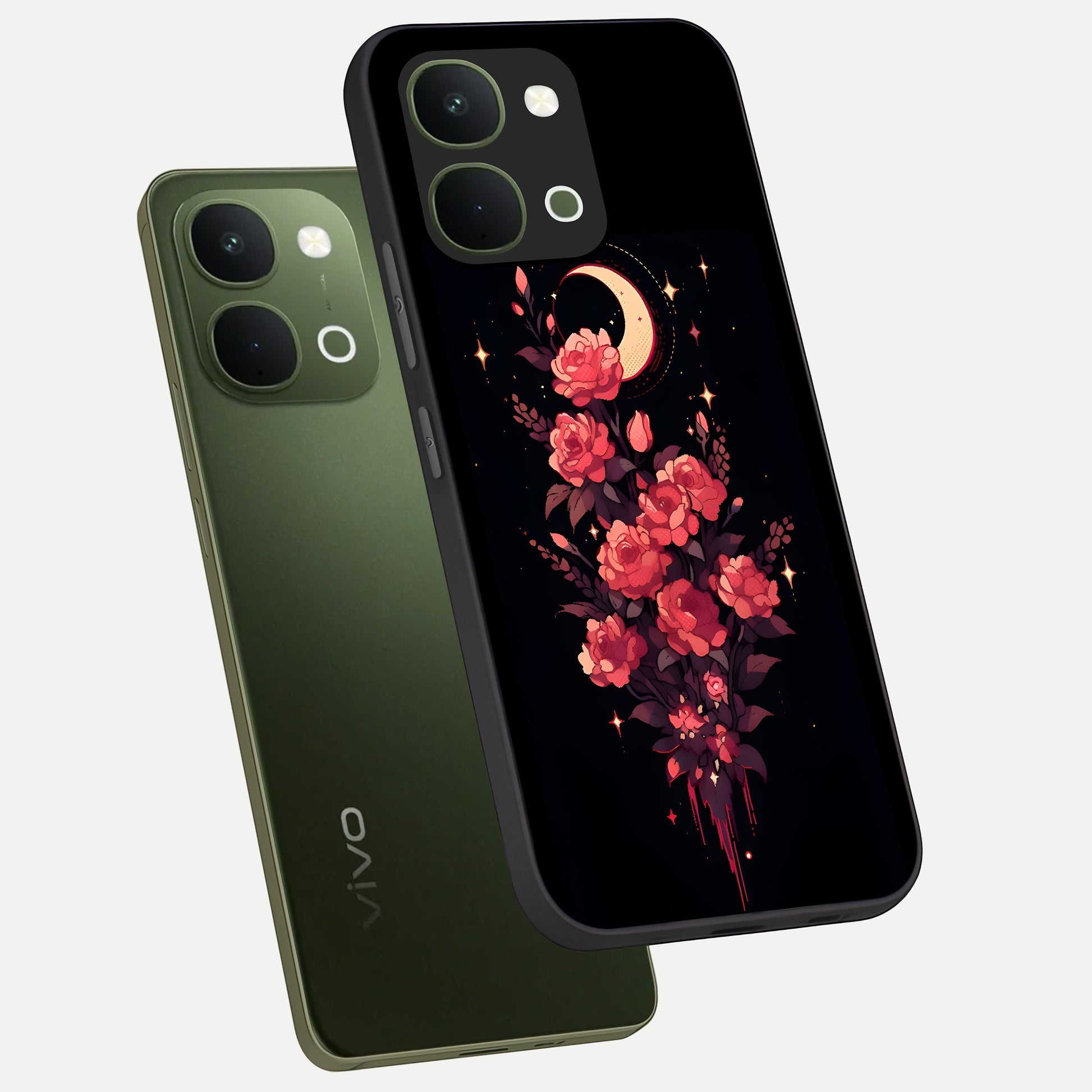 Moonlit Floral Elegance Glass Case displayed in angled mockup highlighting graceful flower design with soft moonlight aesthetic.