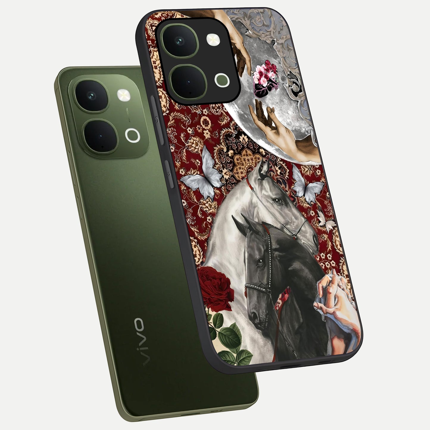 Moonlit Royal Stallion Glass Case displayed in angled mockup highlighting powerful stallion illustration with royal night aesthetic.