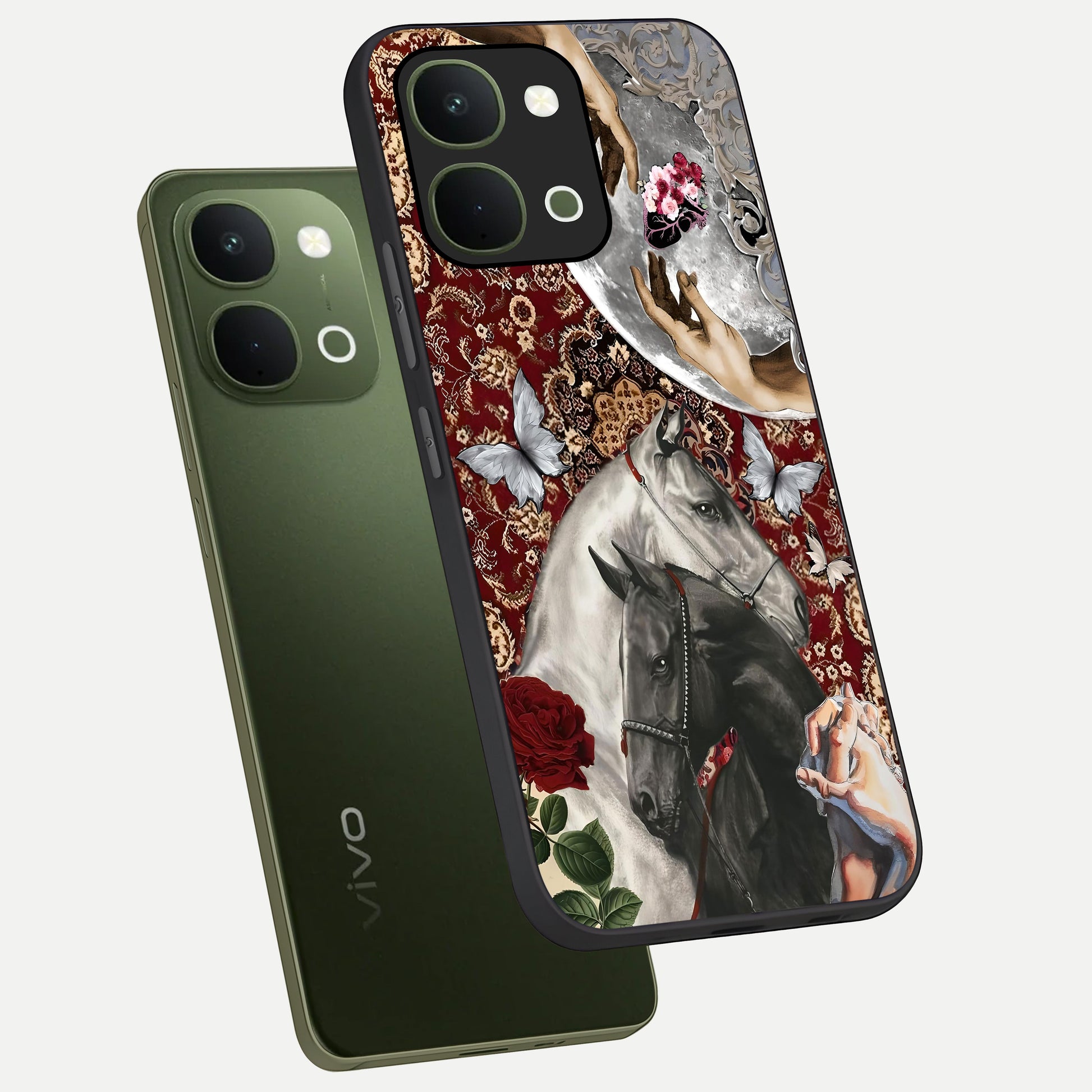 Moonlit Royal Stallion Glass Case displayed in angled mockup highlighting powerful stallion illustration with royal night aesthetic.