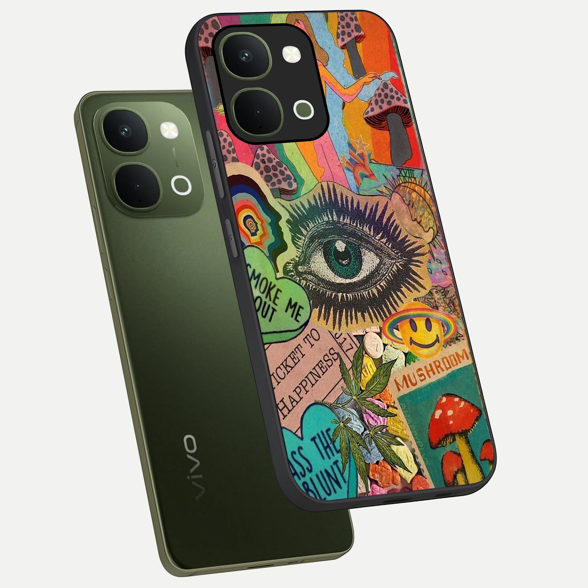 Mystic Eye Wonderland Glass Case displayed in angled mockup highlighting magical eye illustration with dreamy aesthetic.